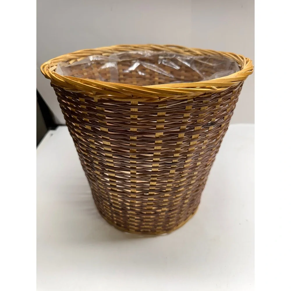 Woven Wicker Wastebasket Planter Two Tone Brown Tan Round Basket with Liner 10in